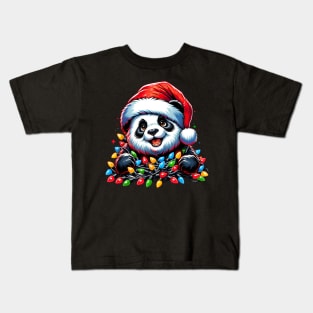 Panda Santa Christmas Light Christmas Panda Pajamas Kids T-Shirt